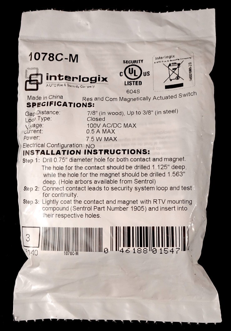 Interlogix 1078C-M Recessed Steel Door Contact,  Wire Leads, New, Factory Sealed
