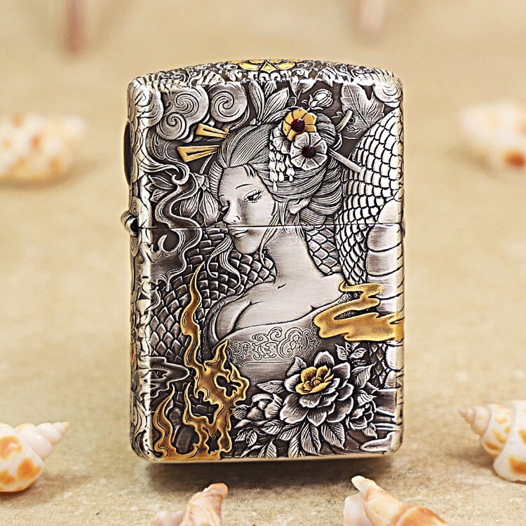 Zippo Armor Custom Lighter Snake & Princess – Smoked Silver Surround Carved