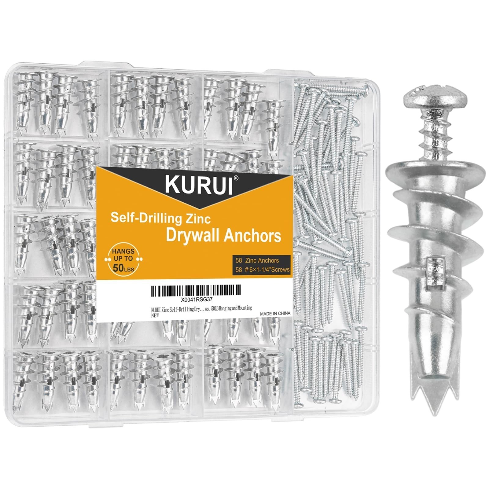 KURUI Metal Self Drilling Drywall Anchors, 116PCs Shatter-Resistant Wall Anch...