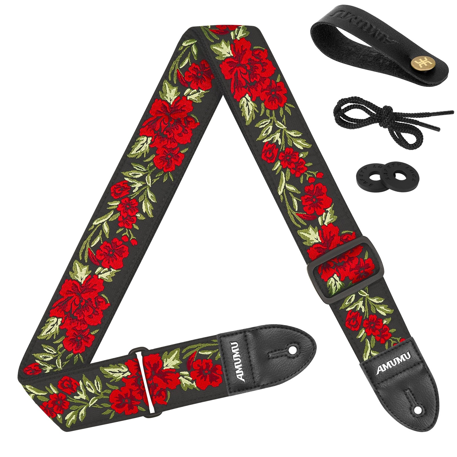 Amumu 2" Guitar Strap Red Rose Embroidery Cotton Guitar Straps with Vegan Lea...