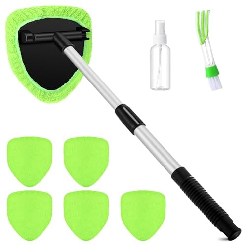 8 Pcs Car Windshield Cleaner Tool Kit with Extendable Handle, Microfiber Green