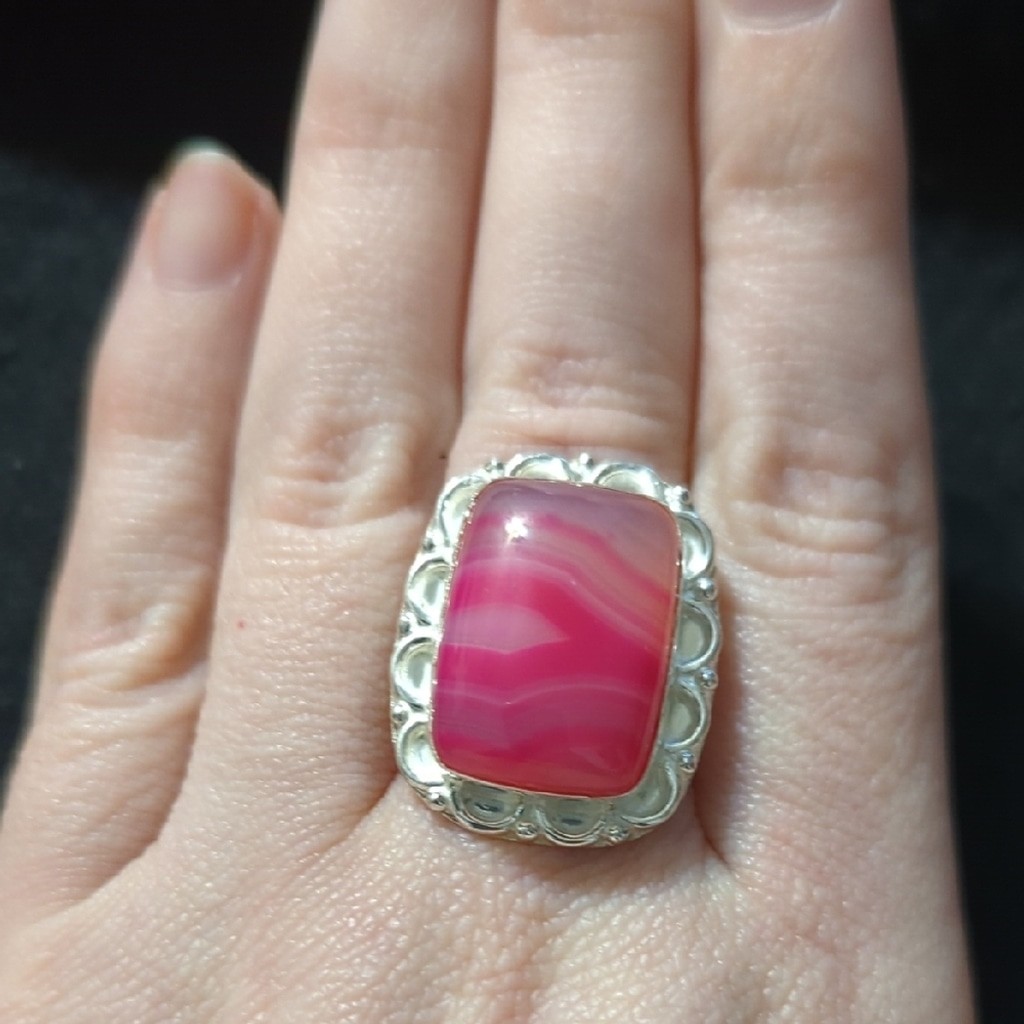 Silver Plated Pink Banded Agate Gemstone Rectangular Statement Ring - Size 8