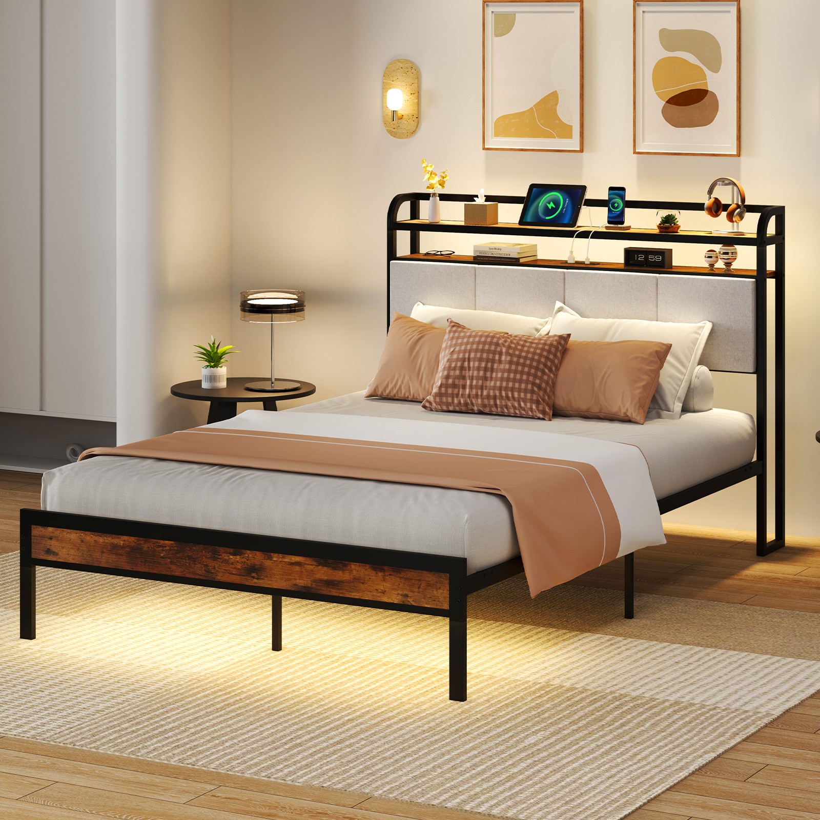 Full Size Bed Frame w/LED Light & Charging Station Heavy Duty Metal Platform Bed