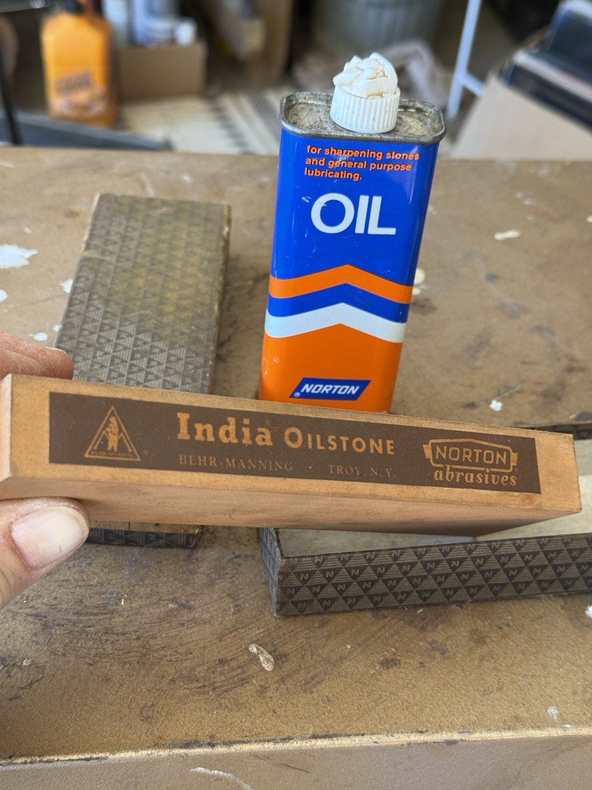 Vintage Norton Abrasives India Oil Stone and Norton sharpening oil can