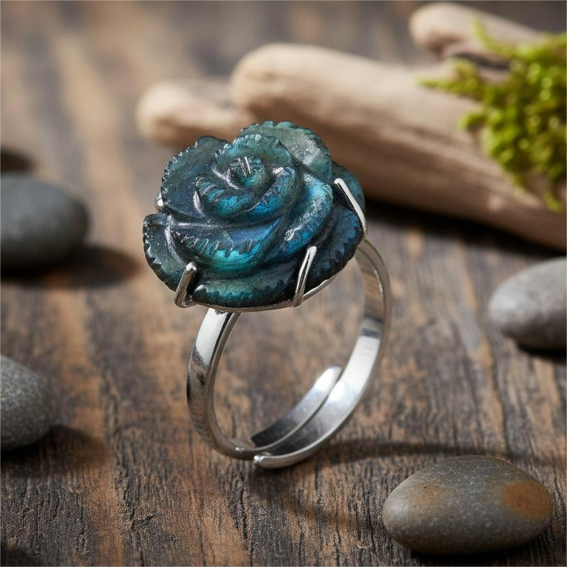 Genuine Labradorite Flower Gemstone Carving Ring Sterling Silver Adjustable Ring