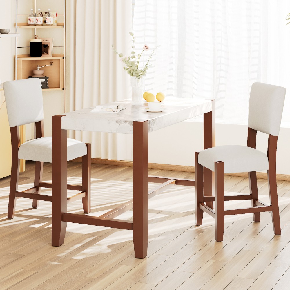 Faux Marble Counter Height Dining Table Set with 2 Chairs, Modern Pub