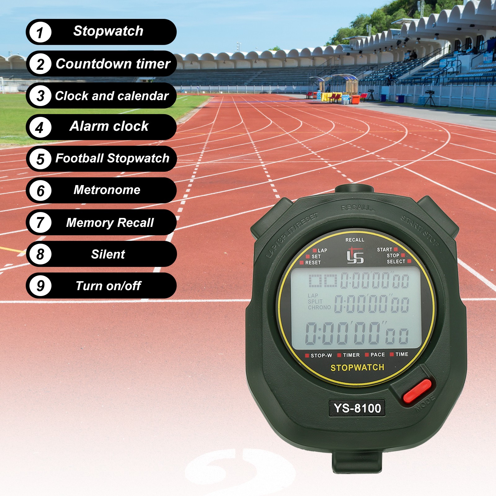 Professional Sport Stopwatch Timer 100 Lap Memory 0.01 Second Timing Green