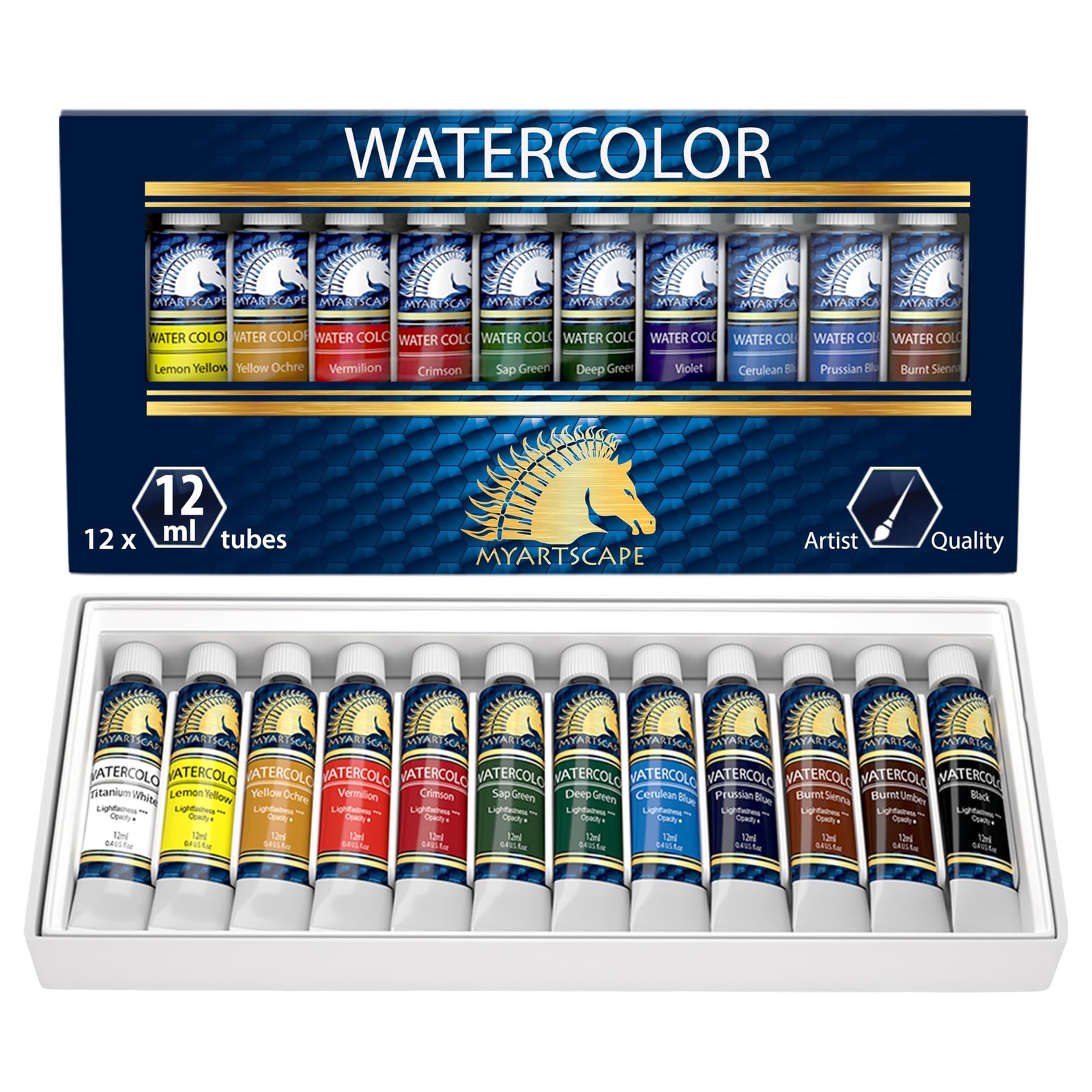 MyArtscape Watercolor Paint Set - 12 x 12ml Tubes - Lightfast - Highly Pigmen...