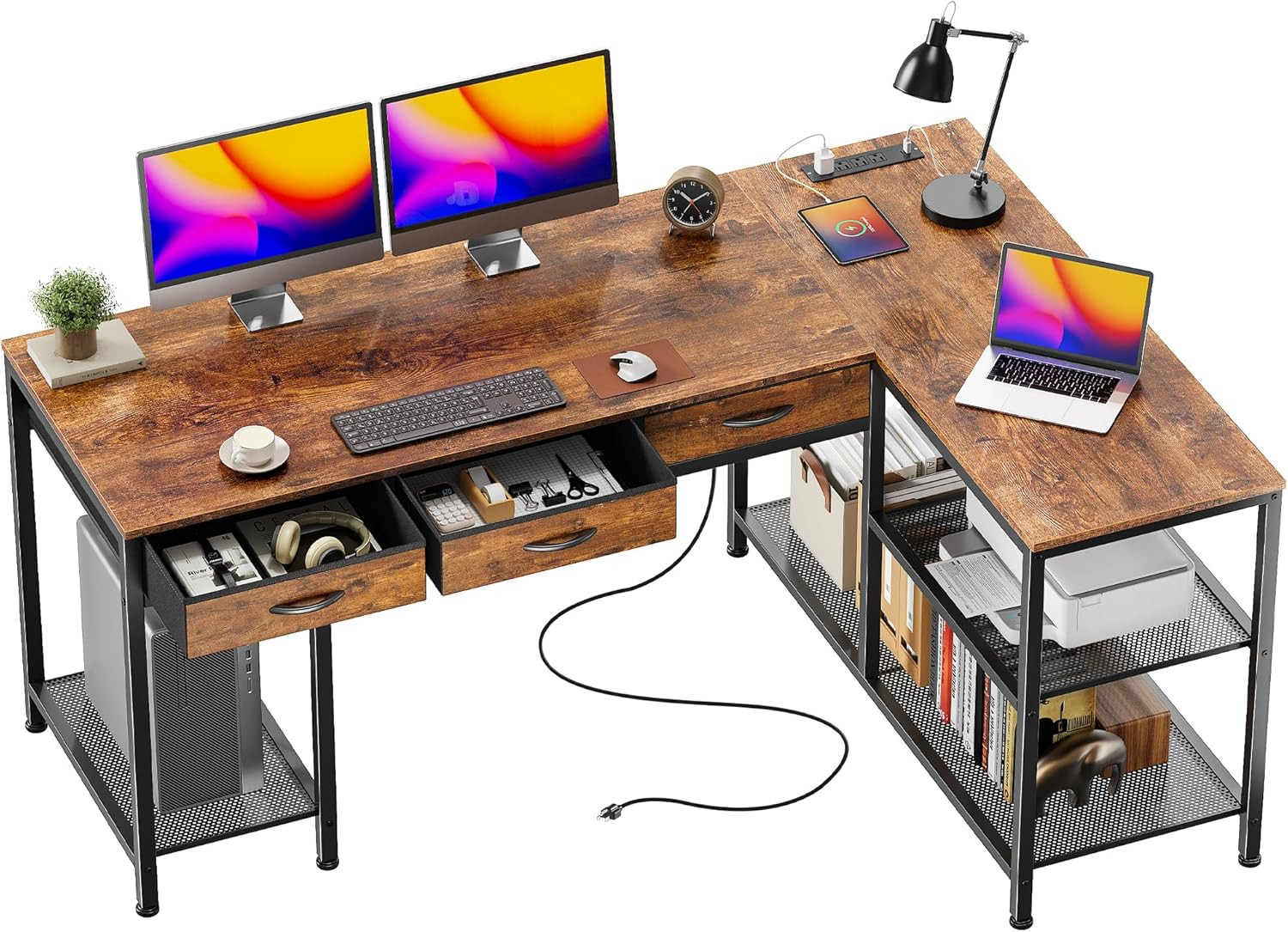 55 Inch L Shaped Office Desk with Power Outlets and Type-C Port, Large Computer