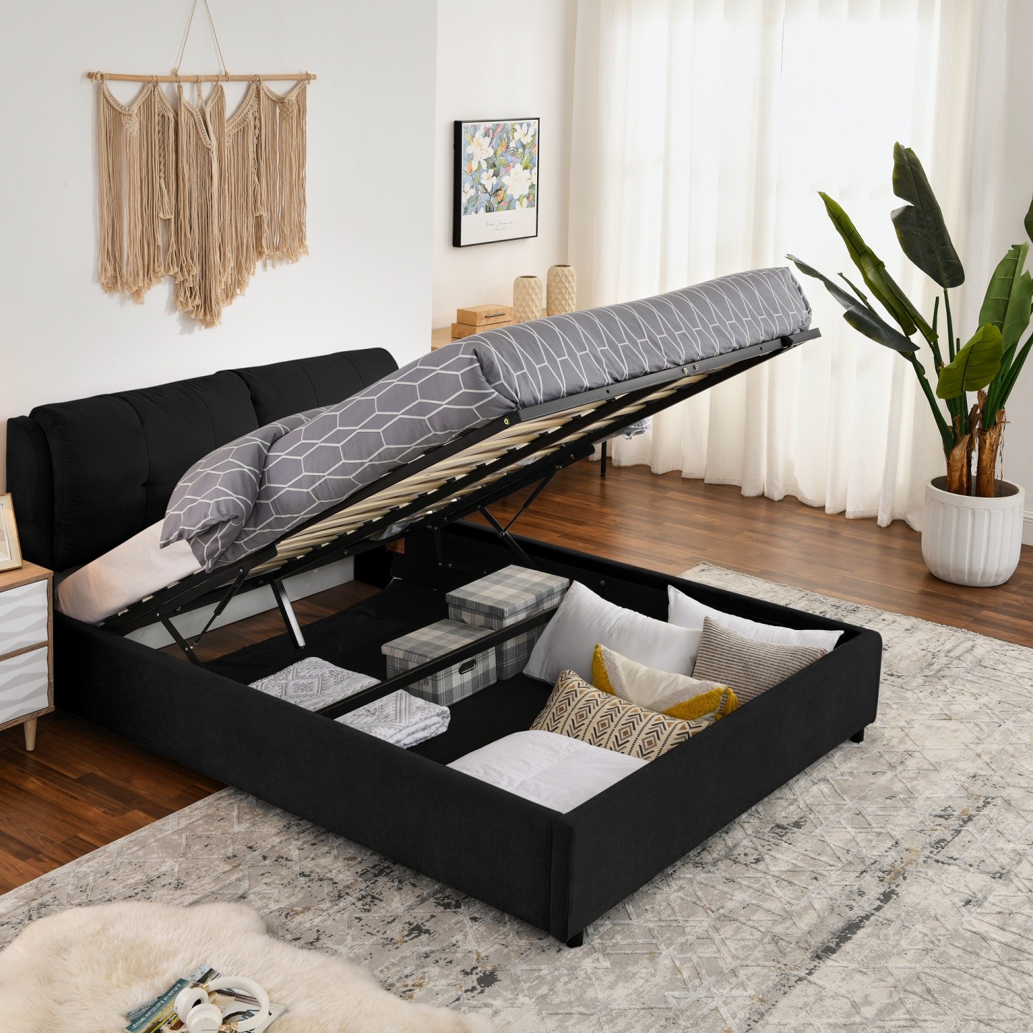 Queen/King Size Upholstered Platform Bed Frame w/ Hydraulic Storage System Black
