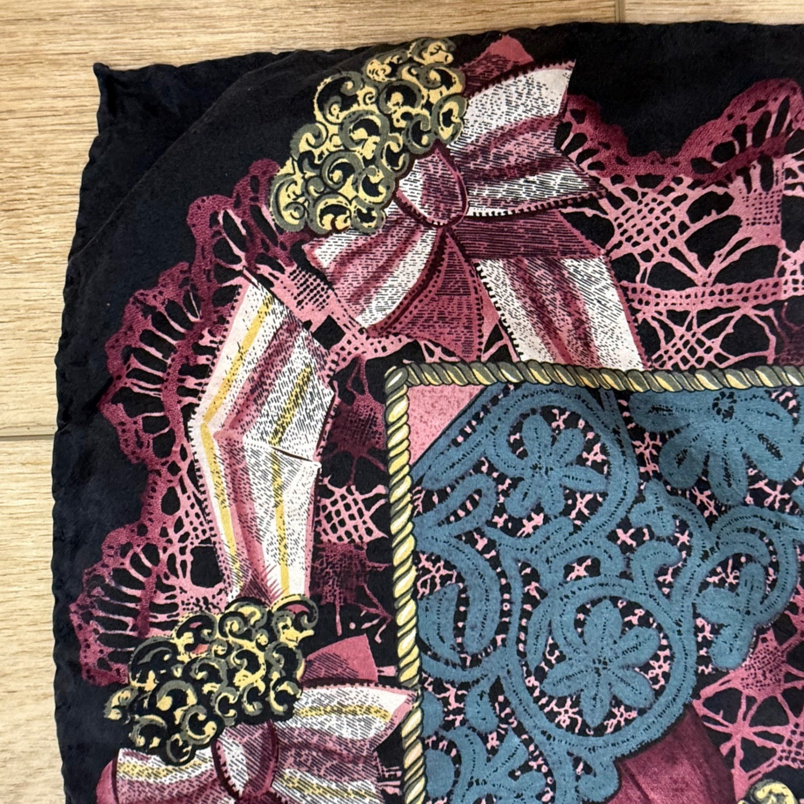 Vintage Express Square Silk Scarf Black Burgundy Lace Bow Chain Dark Coquette