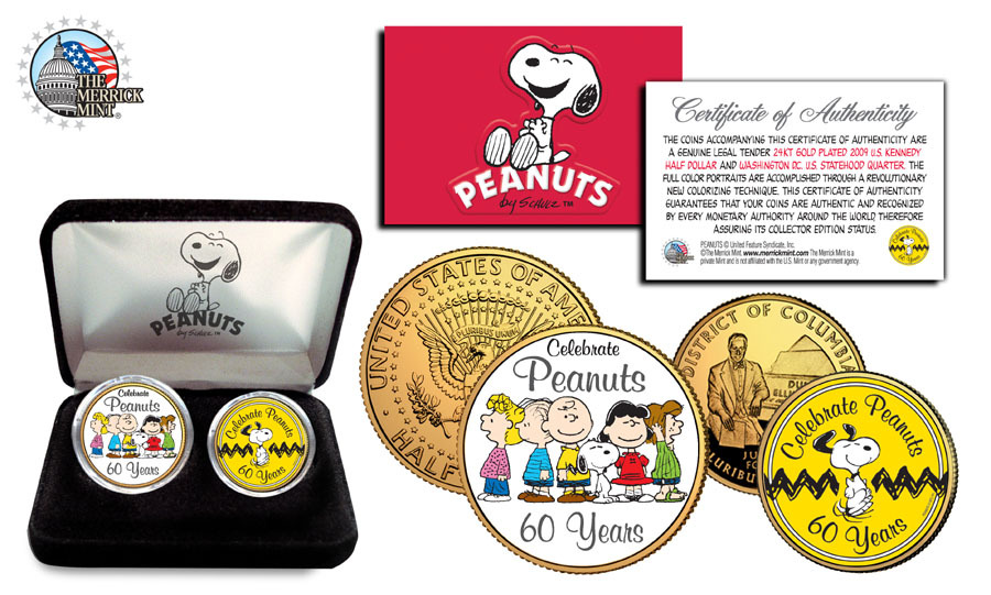 PEANUTS CHARLIE BROWN 60 Years 24K Gold USA 2 Coin Set Half Dollar Quarter