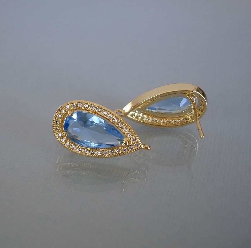 Blue Topaz Teardrop Cubic Zirconia CZ 18K Gold Plated Ear Stud Earrings Post.