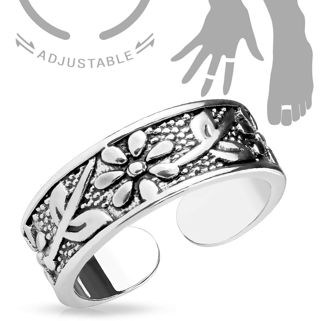 Silver Toe Ring or Mid Ring -  Antique Silver Flowers