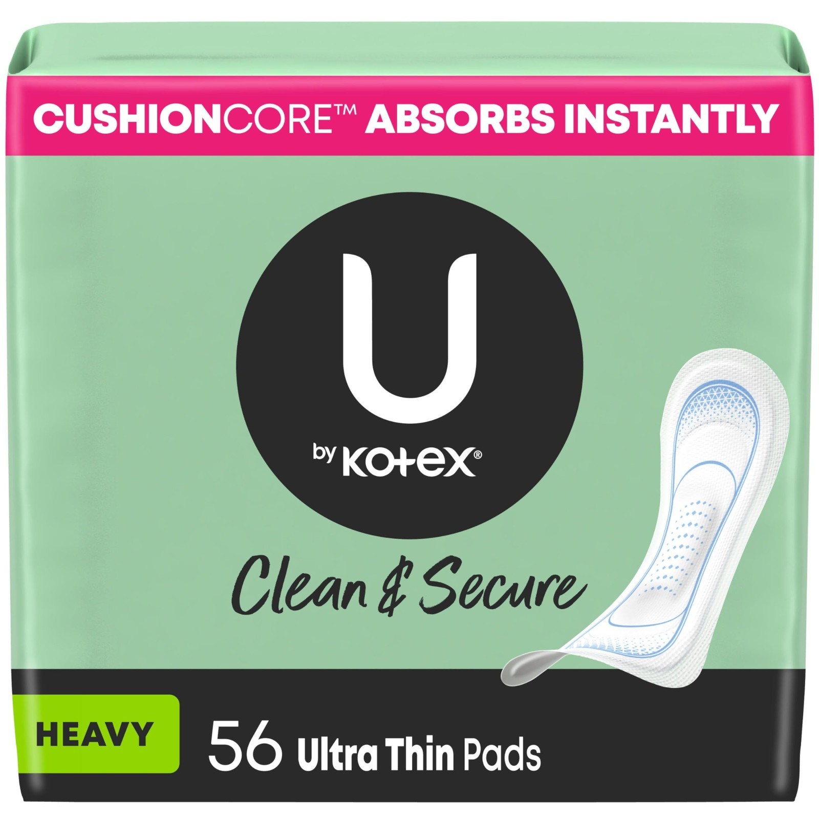 U by Kotex Clean Secure Ultra Thin Pads Heavy Flow 56 Ct Unscented Leak Protect