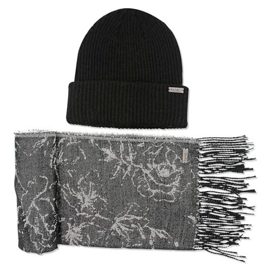 Women's Hanging Scarf and Beanie Hat Set One Size Black/White Floral