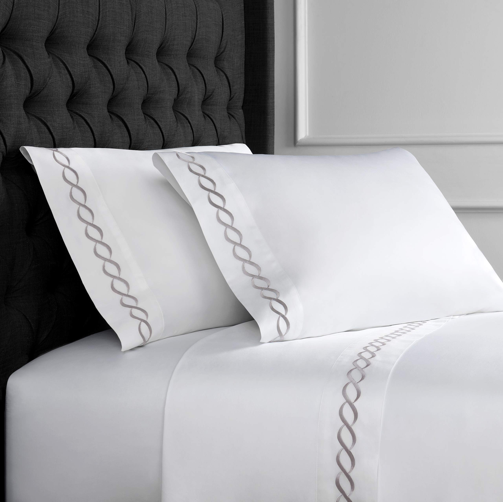 Melange Home Sateen Cotton Rope Embroidery Stripe, King Sheet Set, Grey on White