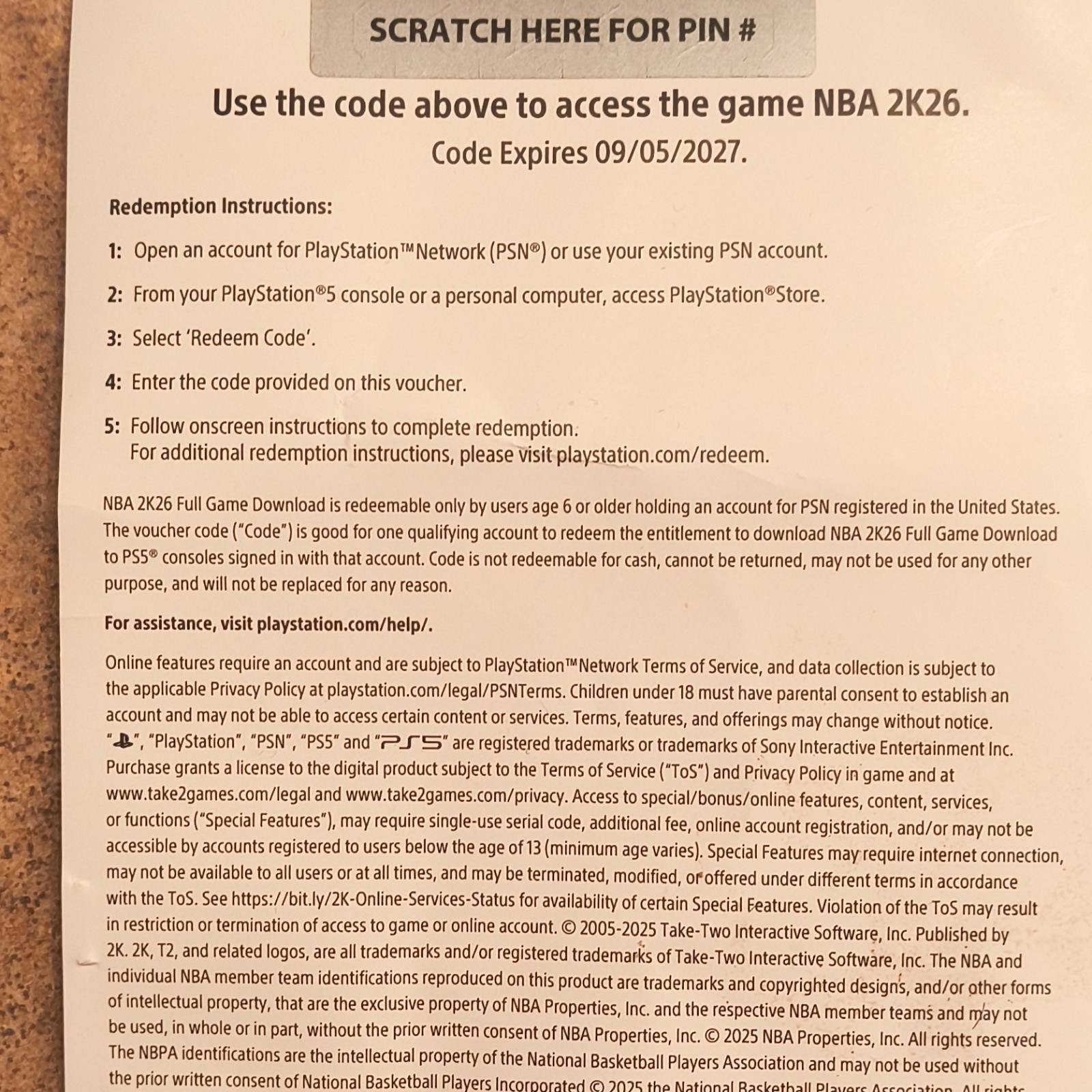 2k NBA 2K26 DIGITAL DOWNLOAD PS5 EXPIRES 09/05/2027