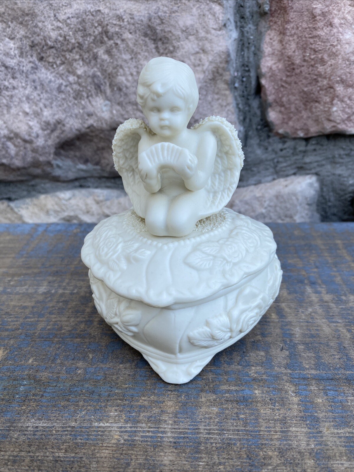 Porcelain Bisque Cherub Angel Ivory with Accordion Trinket Box