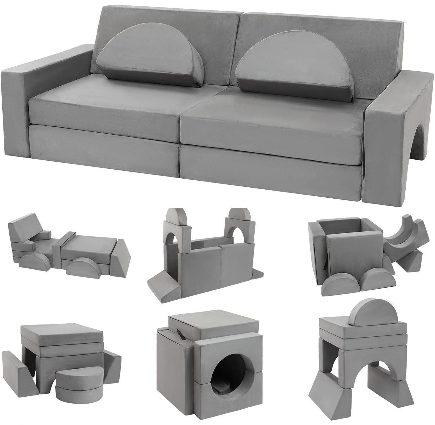 Modular Kids Play Couch Foldable Fort Building Toddler Sofa Gray