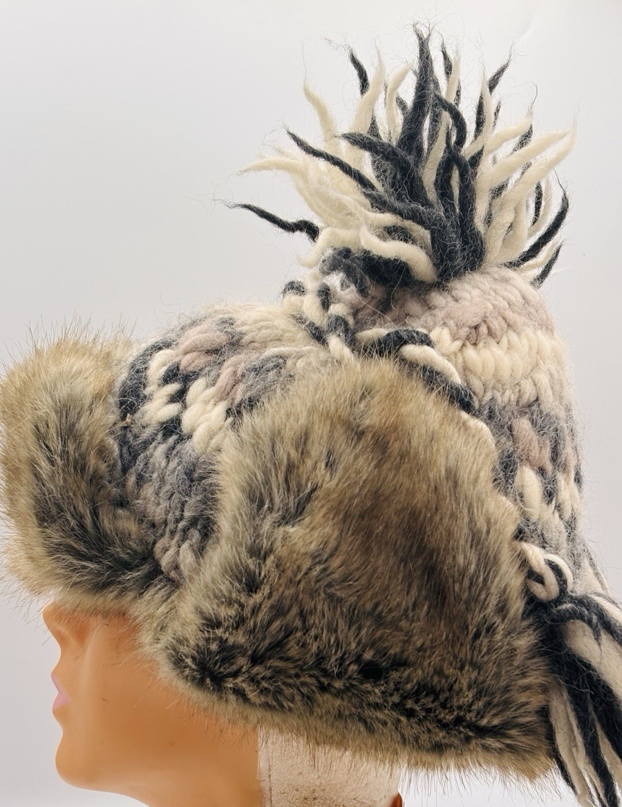 American Eagle Outfitters Trapper Hat Faux Fur Trim Fleece Cap Wool Knit Y2K VTG
