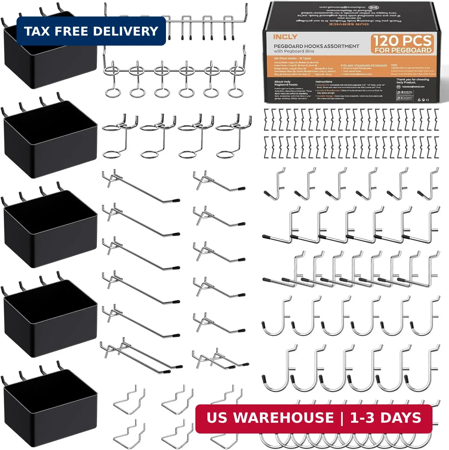 120PCS Pegboard Accessories Organizer Kit, Peg Board Hooks Assortment with Bins