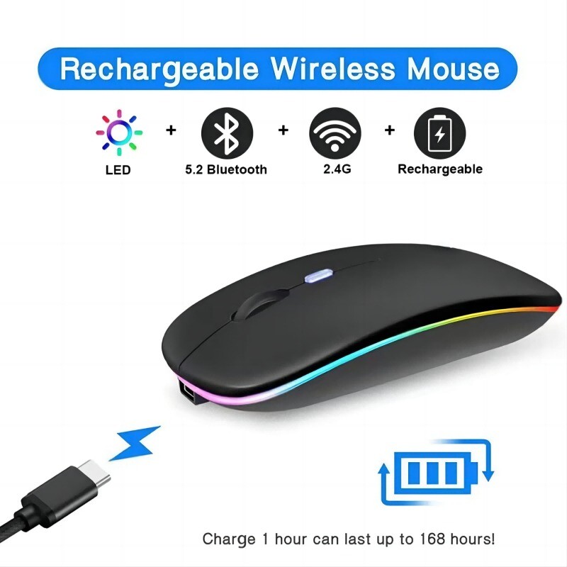 Wireless Bluetooth Mouse Recharge LED Dual Mode Mouse BT 5.2 USB 2.4GHz Portable
