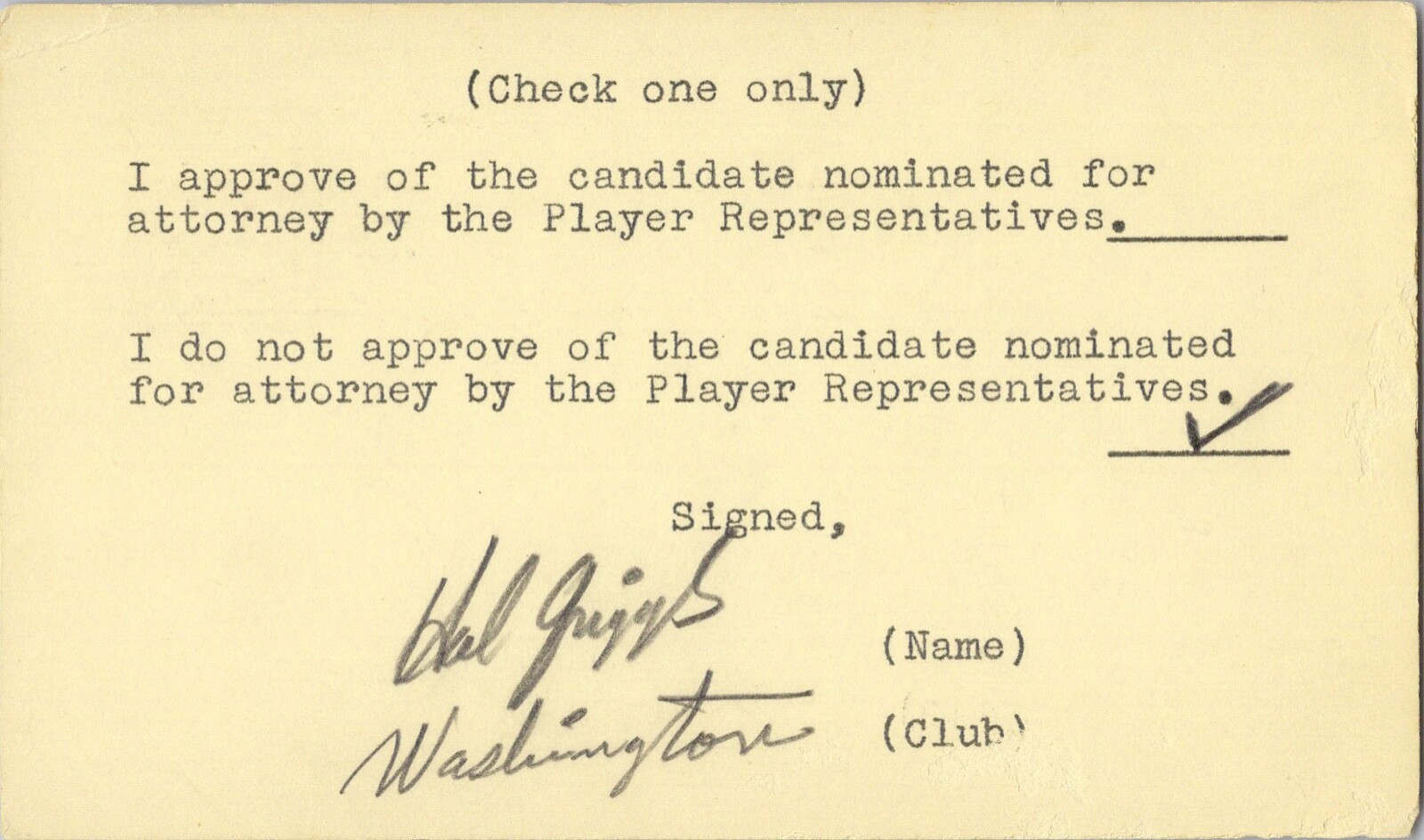Hall Griggs Washington Signed 1959 MLBPA Attorney 3 Cent Postcard Ballot Unique