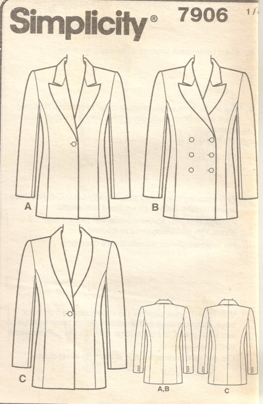 SIMPLICITY 7906 MISSES' SIZE 12-16 JACKETS SEWING PATTERN ©1997
