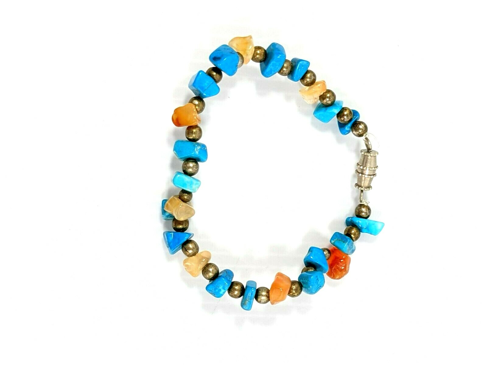Artisan Blue Stone Chip Brown Silver Tone Beaded Bracelet 6.5 inches