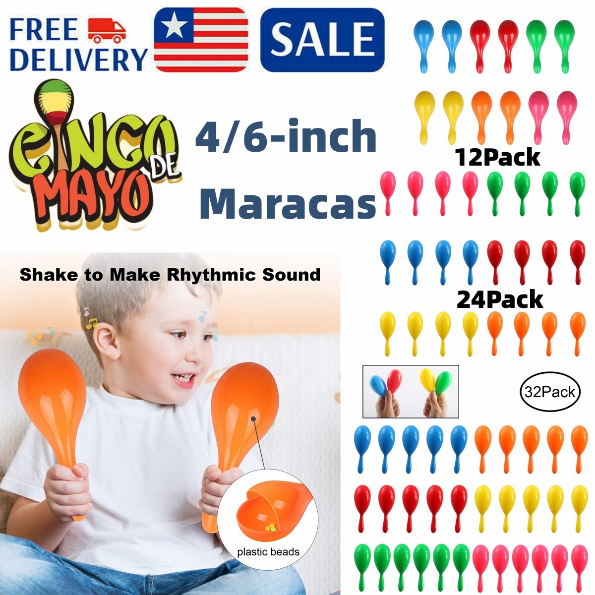 6 Colors Mexican Maracas for Kids Neon Fiesta Party Favors Cinco de Mayo Decor