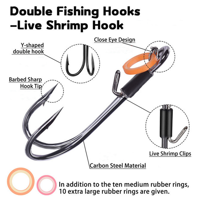 20Pcs Live Shrimp Hook Double Fishing Hook Shrimp Hooks Fishing Saltwate 1/0-3/0