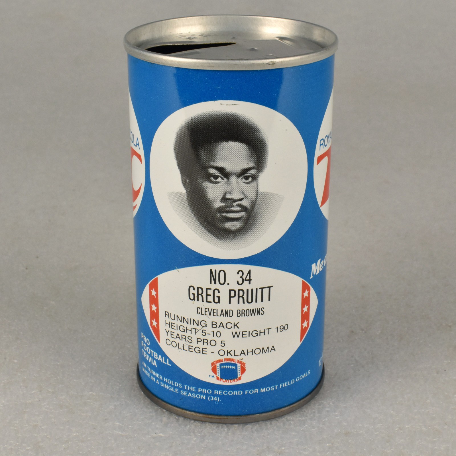 VTG 1977 #34 GREG PRUITT Football RC Cola Soda Pop Can 12oz Steel Columbus GA