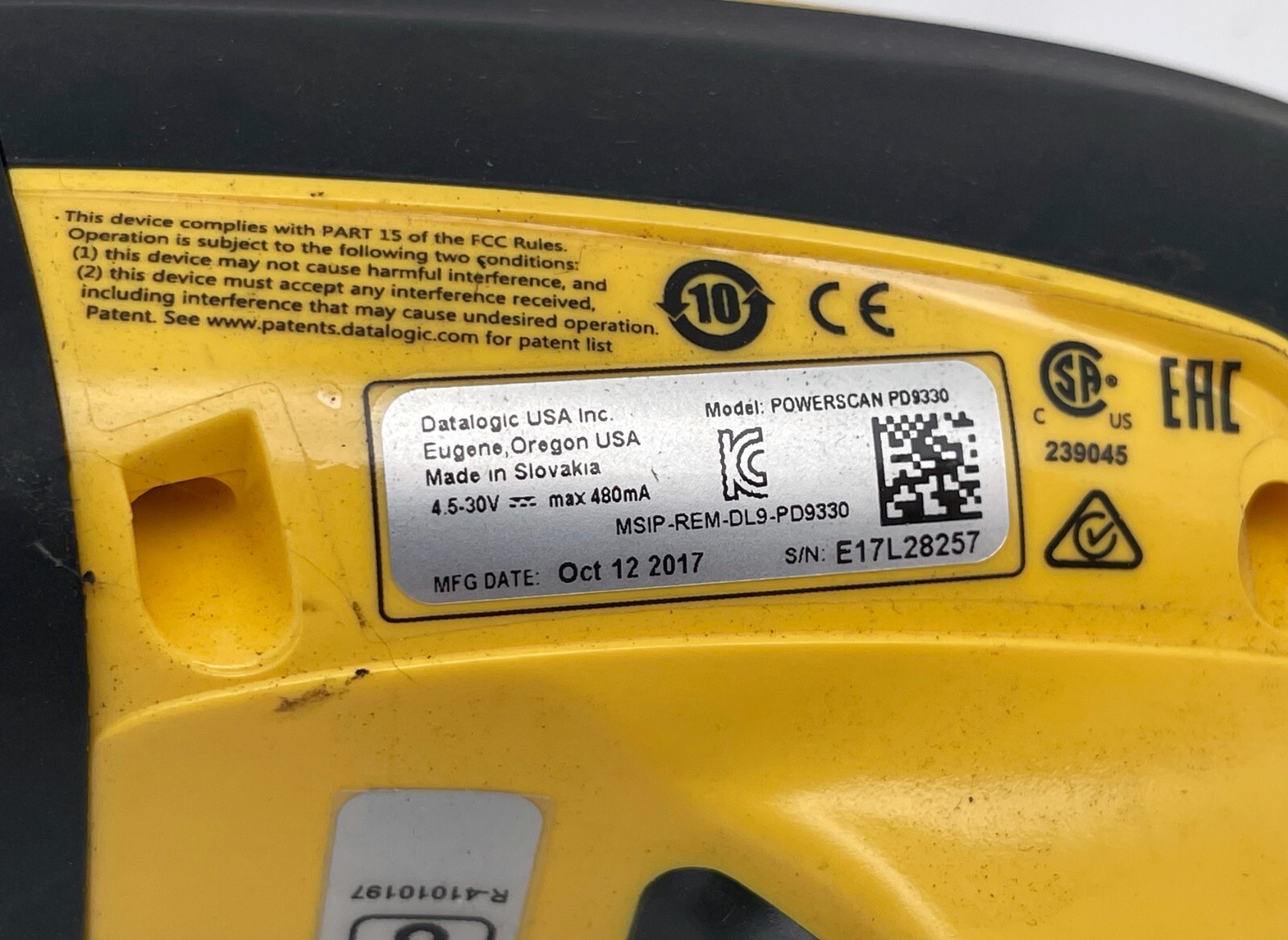 Datalogic PowerScan PD9330 Yellow & Black Handheld Serial Port Barcode Scanner