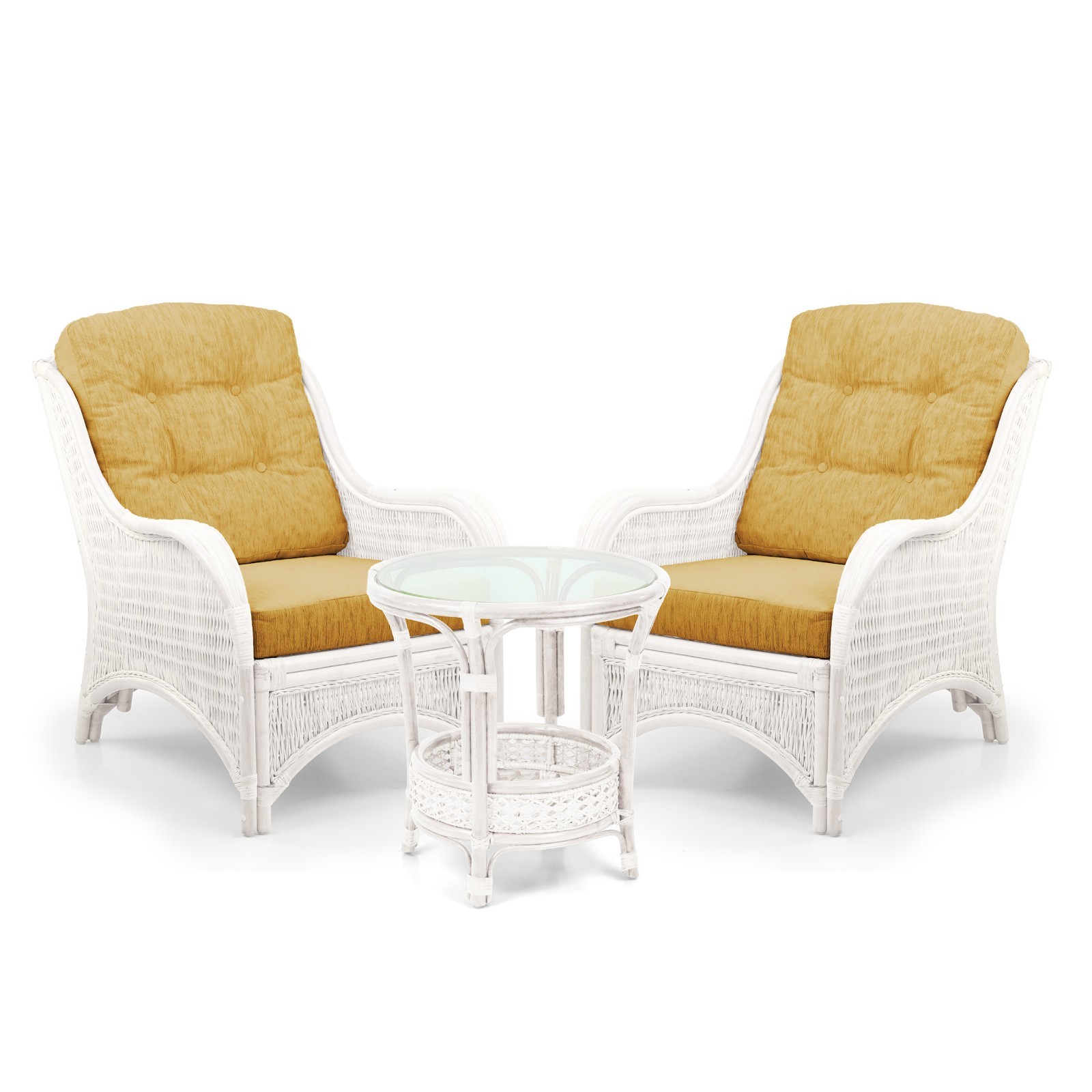 Living Jam Set of 2 Lounge Rattan Chairs w/Cushions and Coffee Table, White