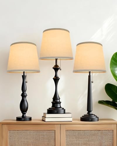 22'' Table Lamps for Bedroom Set of 2: Tall Black Table Lamps with USB XT-02