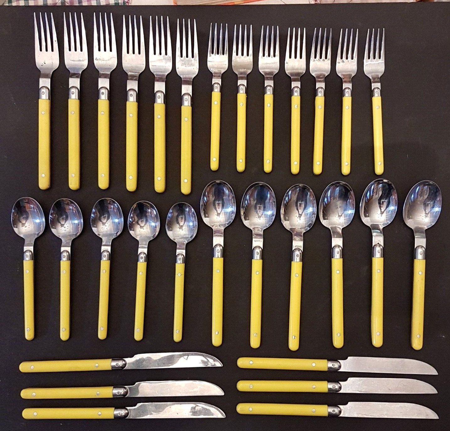 Crown Corning Yellow Riveted Handle Spoon Fork Knife LOT Stainless Flatware