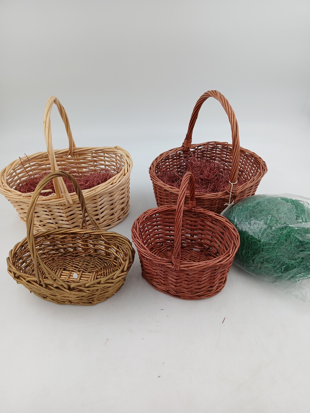 Vintage Wicker Easter Baskets Medium Oval With Grass Multicolor Handles Lot of 4