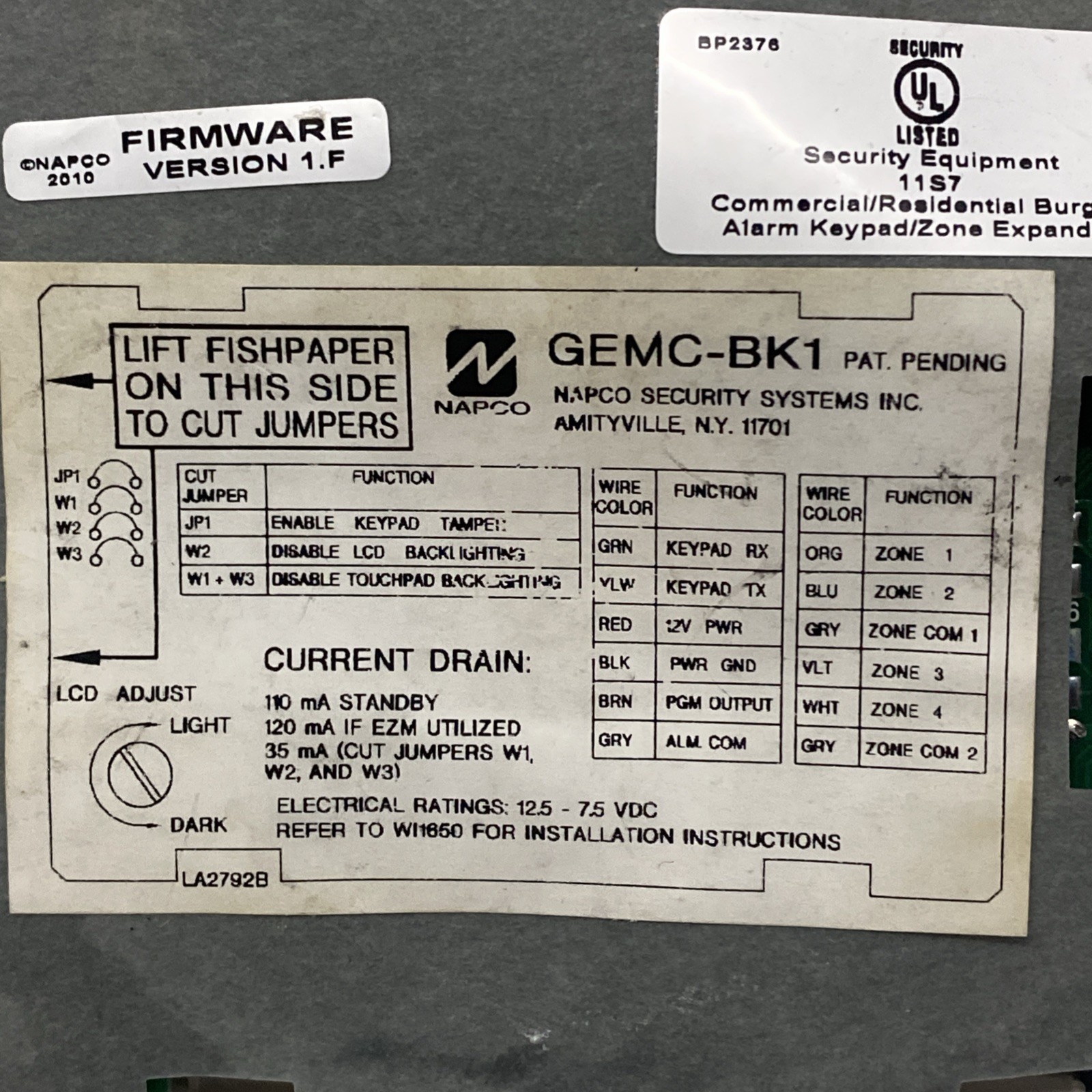 Napco Gemini GEMC-BK1 Security System Keypad Alarm Panel Control