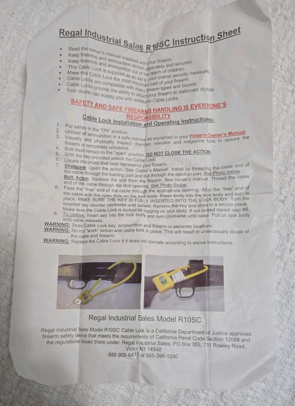 Regal Model R10SC Cable Gun Lock, NEW! 2 keys