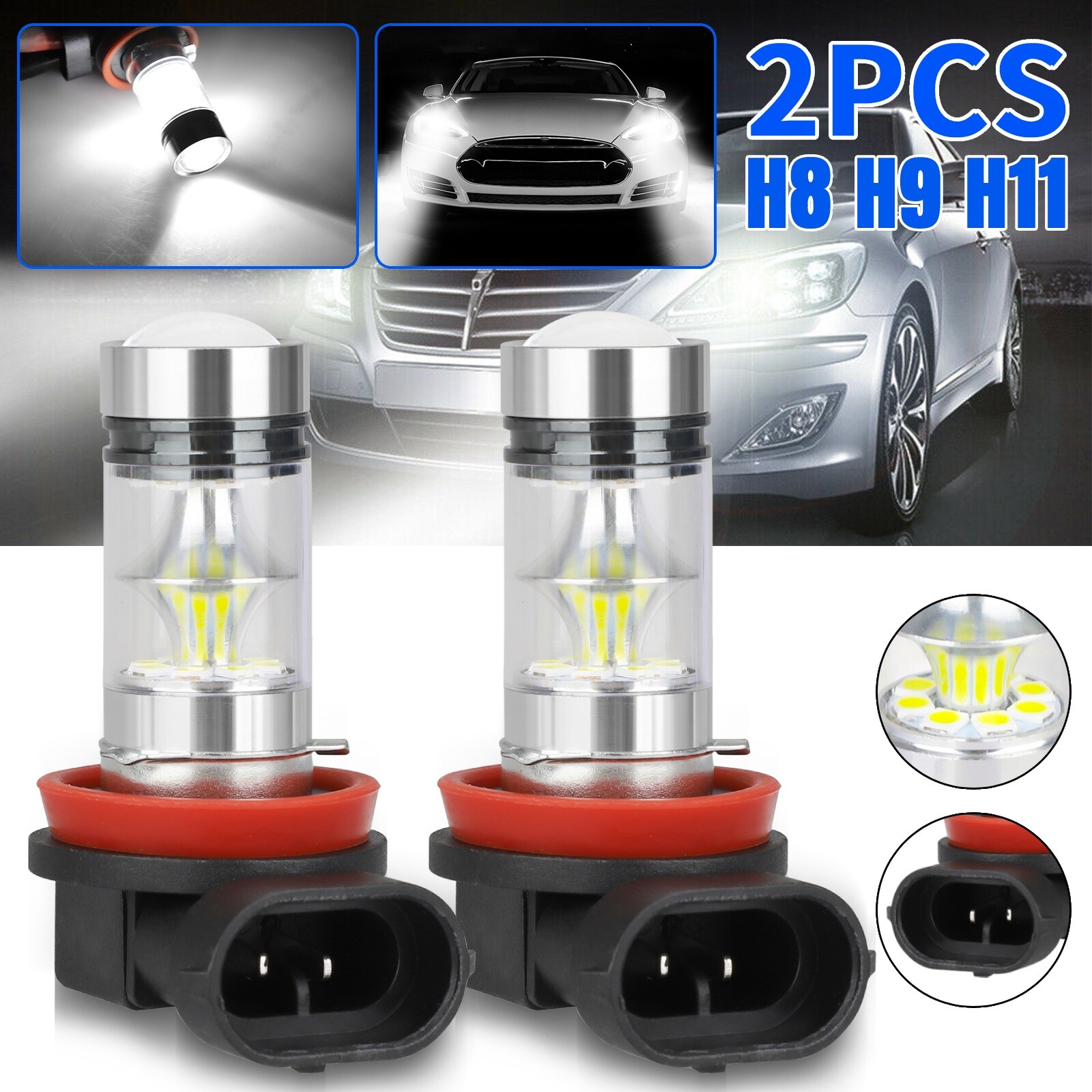 2x H8 H16 H11 LED Fog Driving Light Bulbs DRL Lamp 200W Super Bright 6000K White