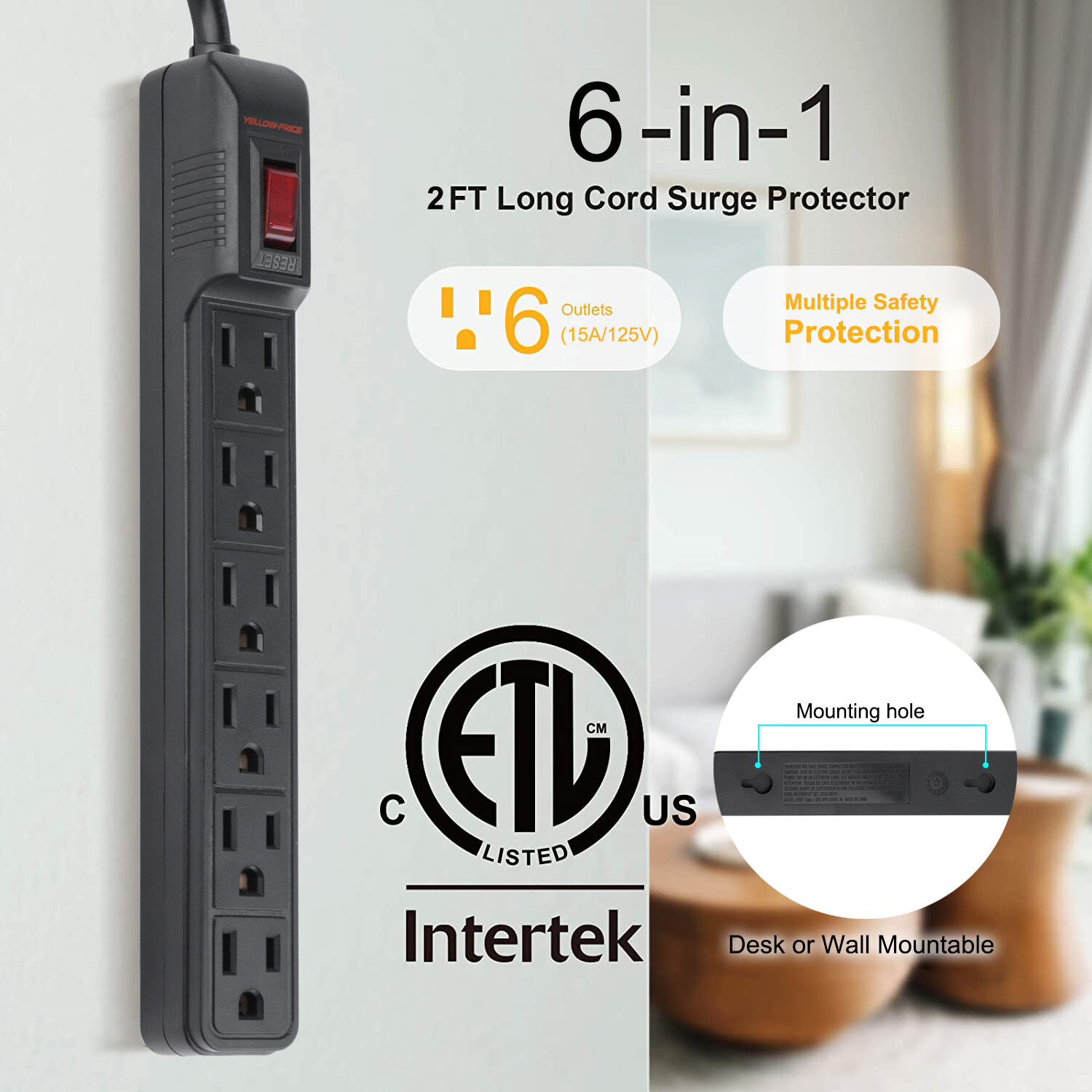 6-Outlet Surge Protector, 2ft Extension Cord, Power Strip for Home, Office, Dorm
