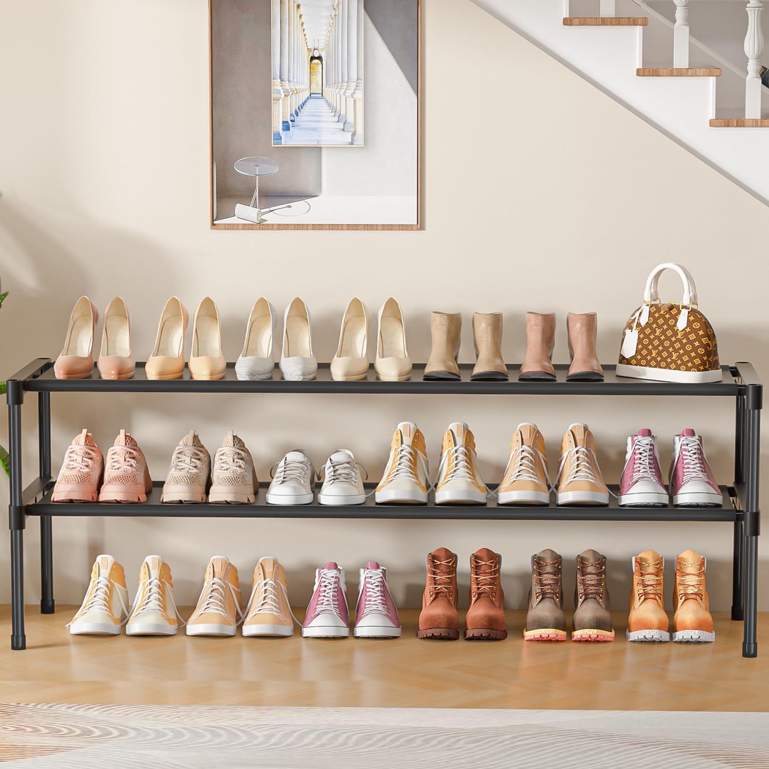 Extra Long Shoe Rack 2 Tier Shoe Storage Organizer Wide Stackable Shoe Organi...