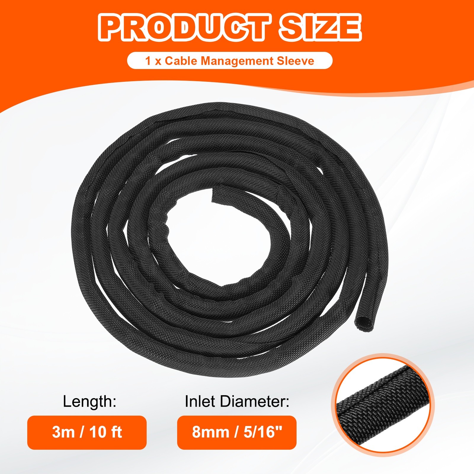 Wire Split Braided Cable Management Sleeve, Black (1 1/8" - 10 Feet)