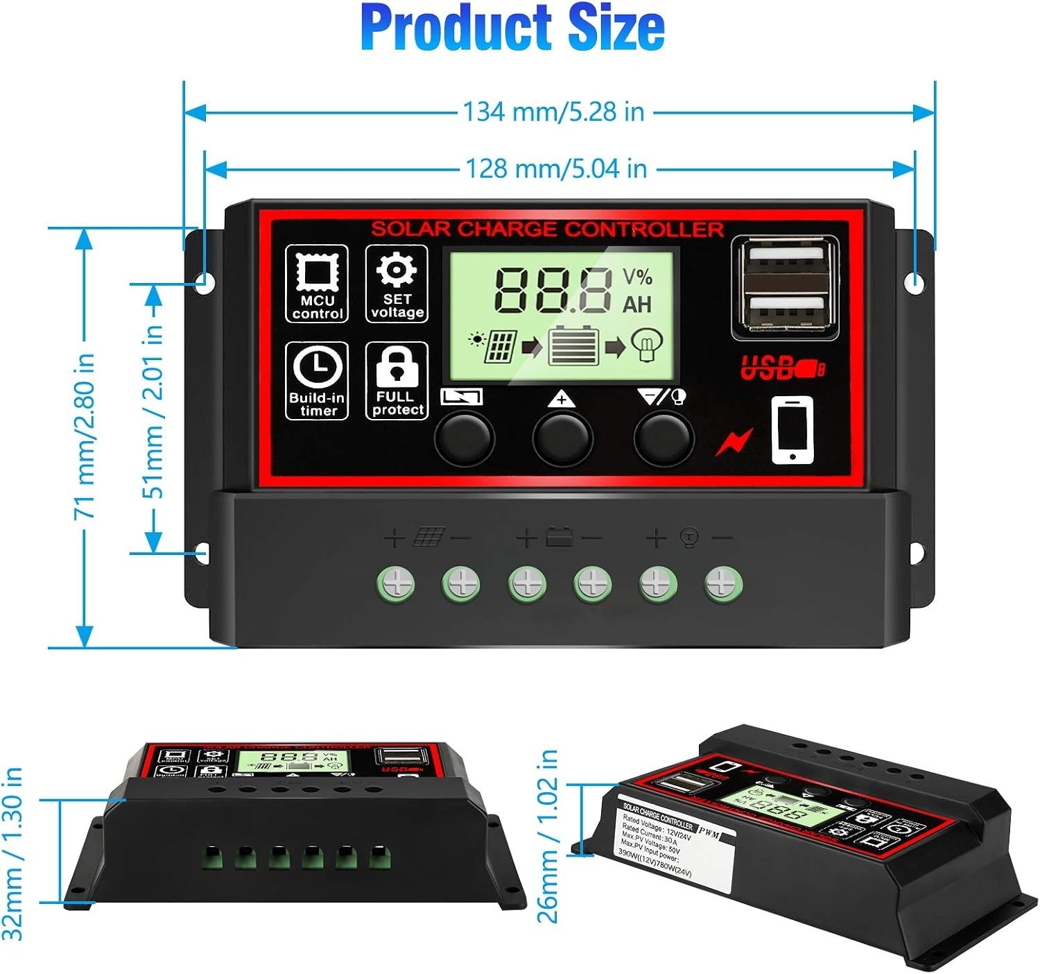 [Upgraded] 30A Solar Charge Controller, Black Solar Panel Battery Intelligent Re