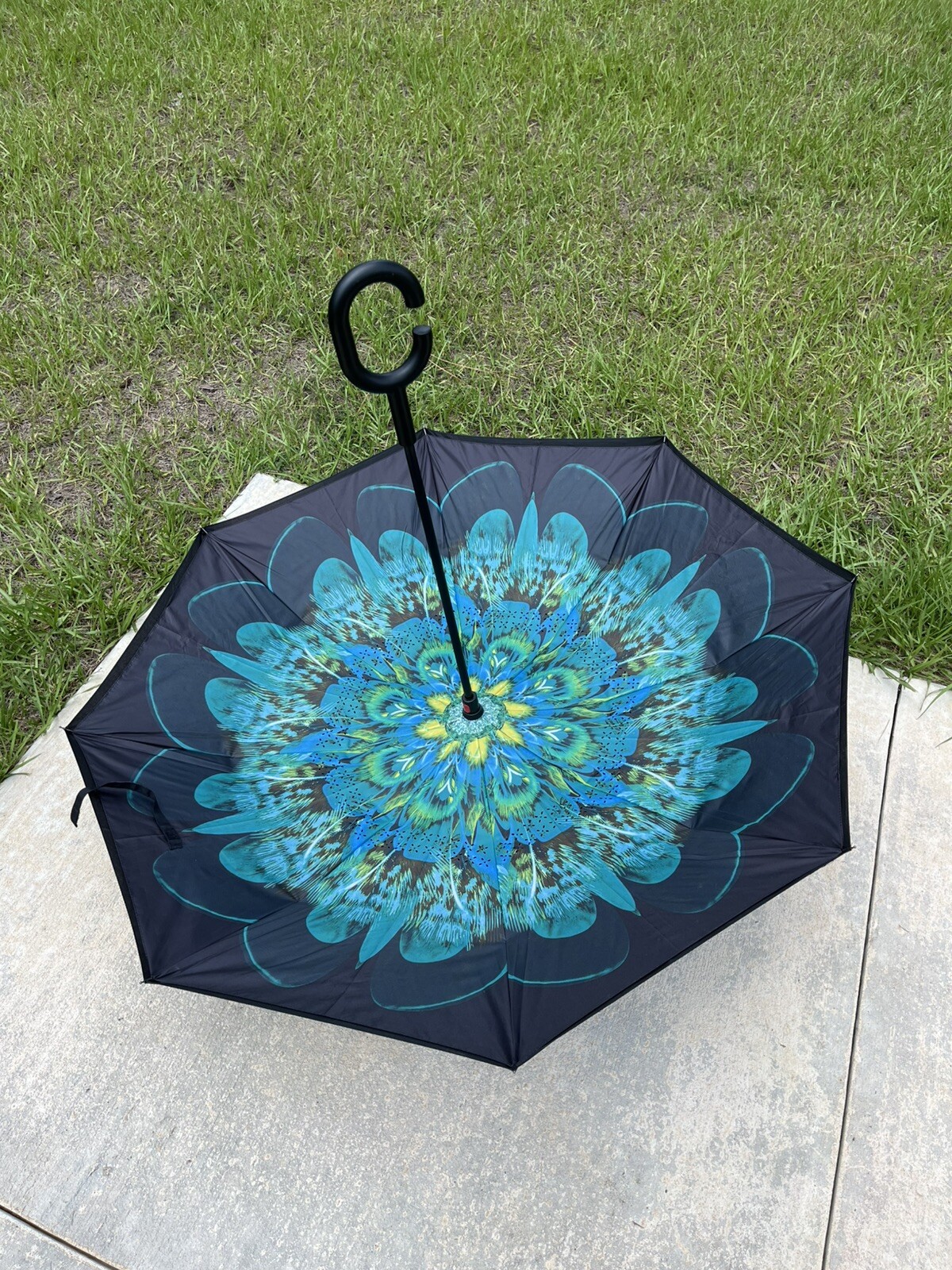 C-Handle Inverted Reverse Umbrella, Peacock Feathers (Inside Out, Upside Down)