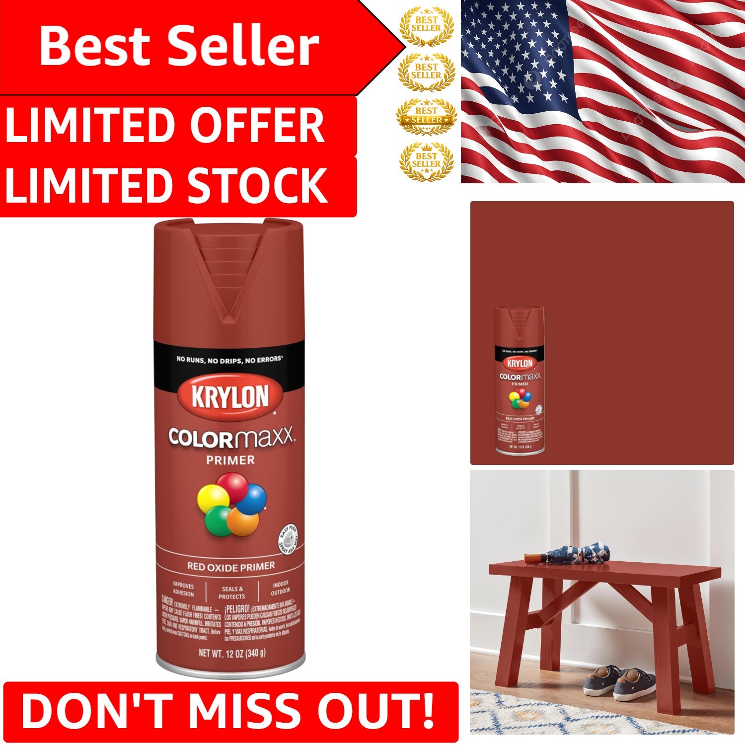 Krylon COLORmaxx Red Oxide Fast-Drying Primer Spray Paint 12oz for All Surfaces