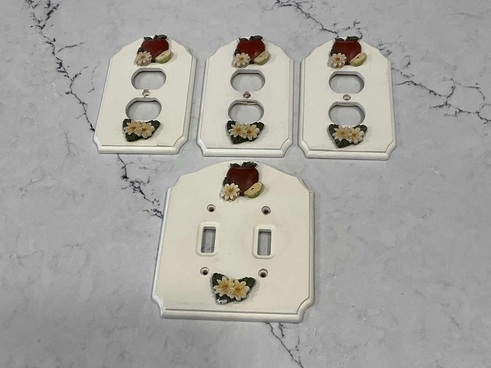 Vintage, White Wood, 3D Apple/Flower, (1) Light Switch Plate & (3) Outlet Plates
