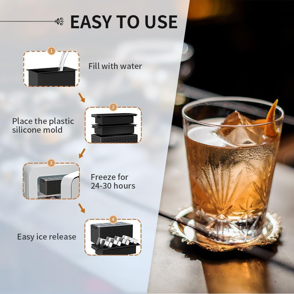 Clear Ice Cube Tray for Whiskey: 2Inch Clear Ice Cube Maker - Silicone Large Ic