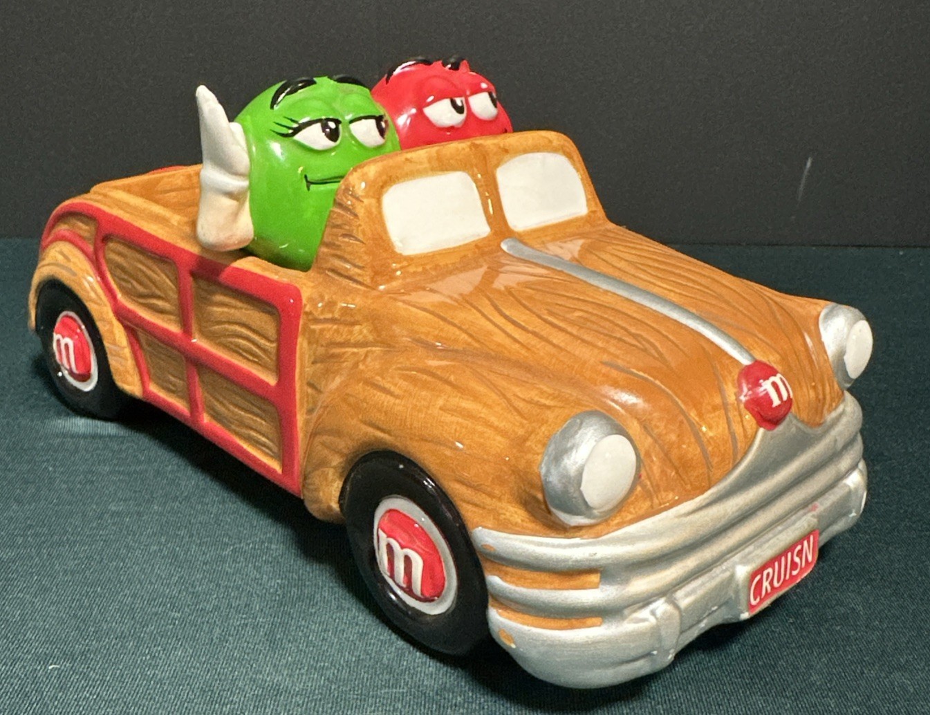M&M's Vintage Candy Dish BOHO Vibe Woody Roadster Car Red And Green Candies